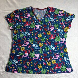 Womens Divine Stretch Mermaid Ocean Sealife Large Scrub Top Shirt V Neck Medical